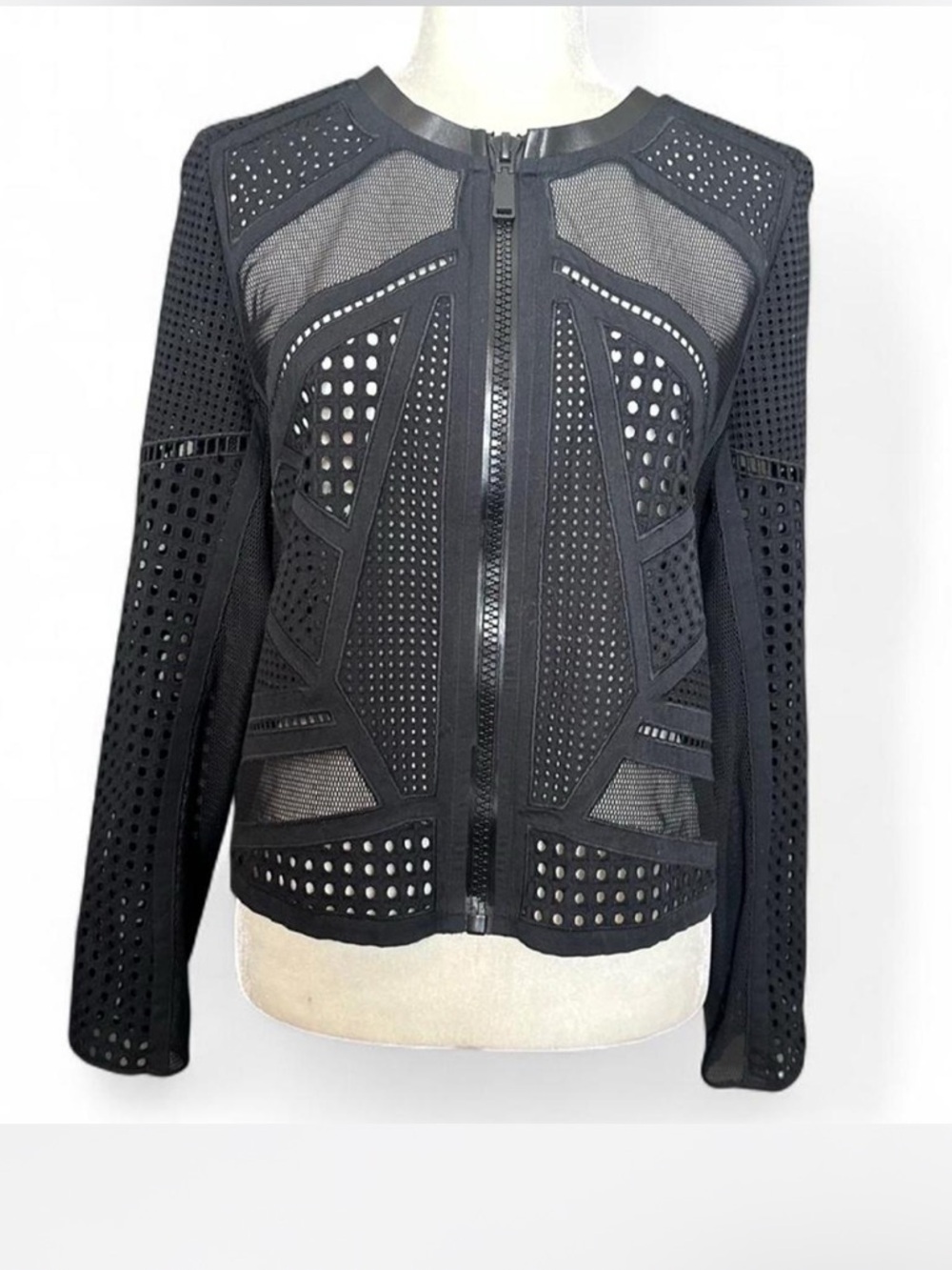 💜 Eli Tahari for 5F/Bergdorf Goodman Black Sheer Eyelet/Mesh Jacket (US 12)